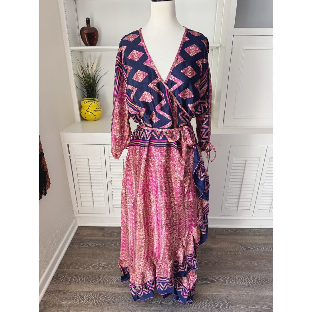 Darn Good Yarn Zaria Pink Geometric Print Silk Goddess Wrap Dress 1X-4X